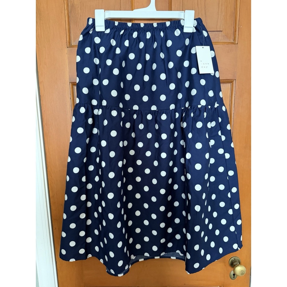 Women's A New Day Tiered Eyelet Midi Skirt Navy Blue Polka Dot Size Small NWT